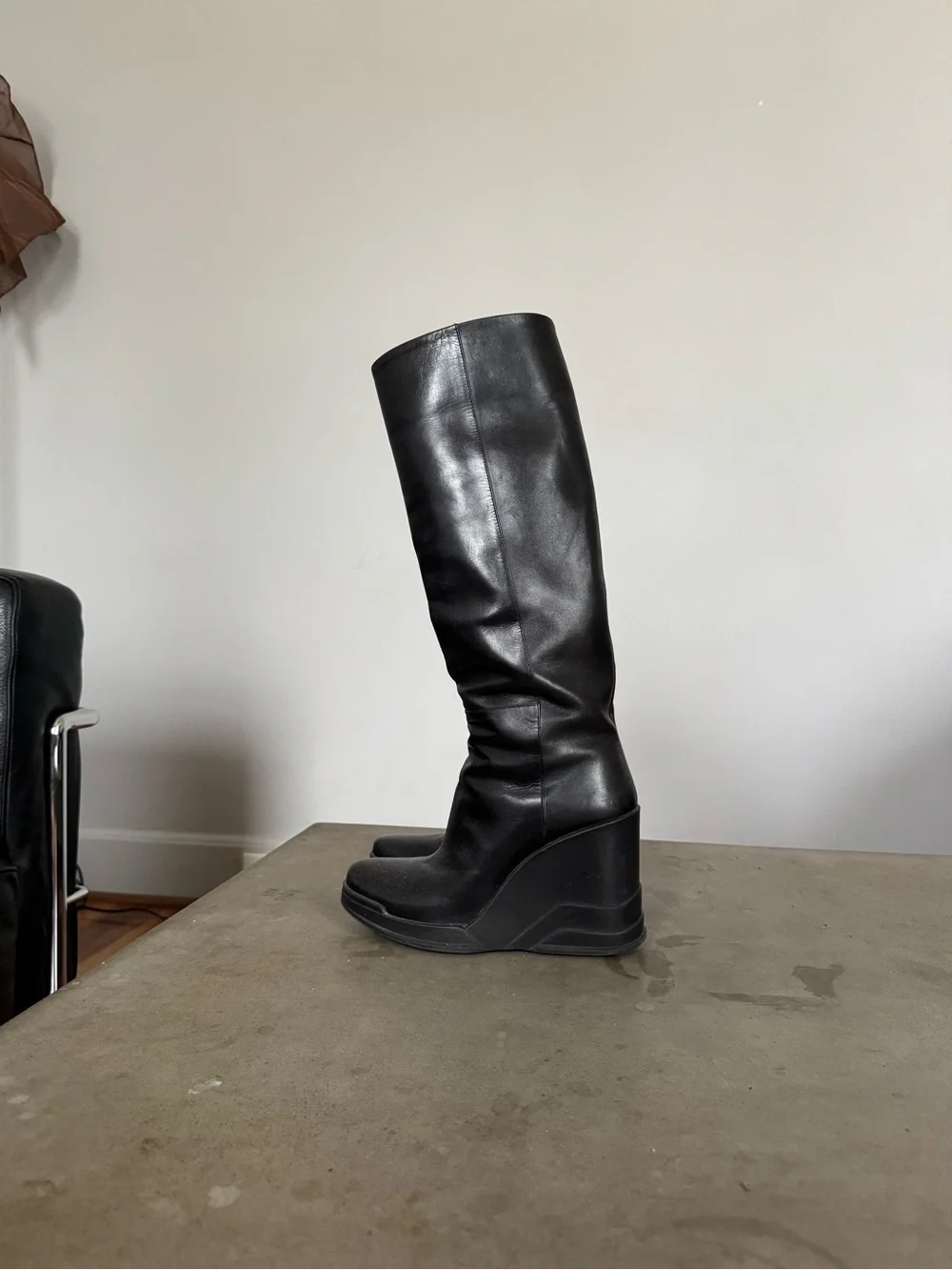 Prada Black Tall Leather Wedge Boots